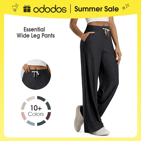 ODODOS Women's Essential Wide Leg Polyester Jersey Pants - Ultra Soft odSTRATUM Tech Drawstring Relaxed Casual Pants with Pockets, 29" Inseam for Sun Outfits (Pair with Crop Top), Adjustable, Elastic, Bottom, Fabric, Basic, Light, Sun Protection, Elastane