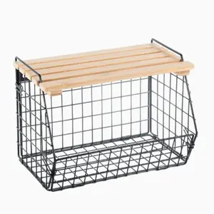 Stackable Fruit Basket Set with Bamboo Lid, Three-Piece Hanging Storage Baskets for Kitchen Countertop, Metal Wire Organizer, Home Organizers