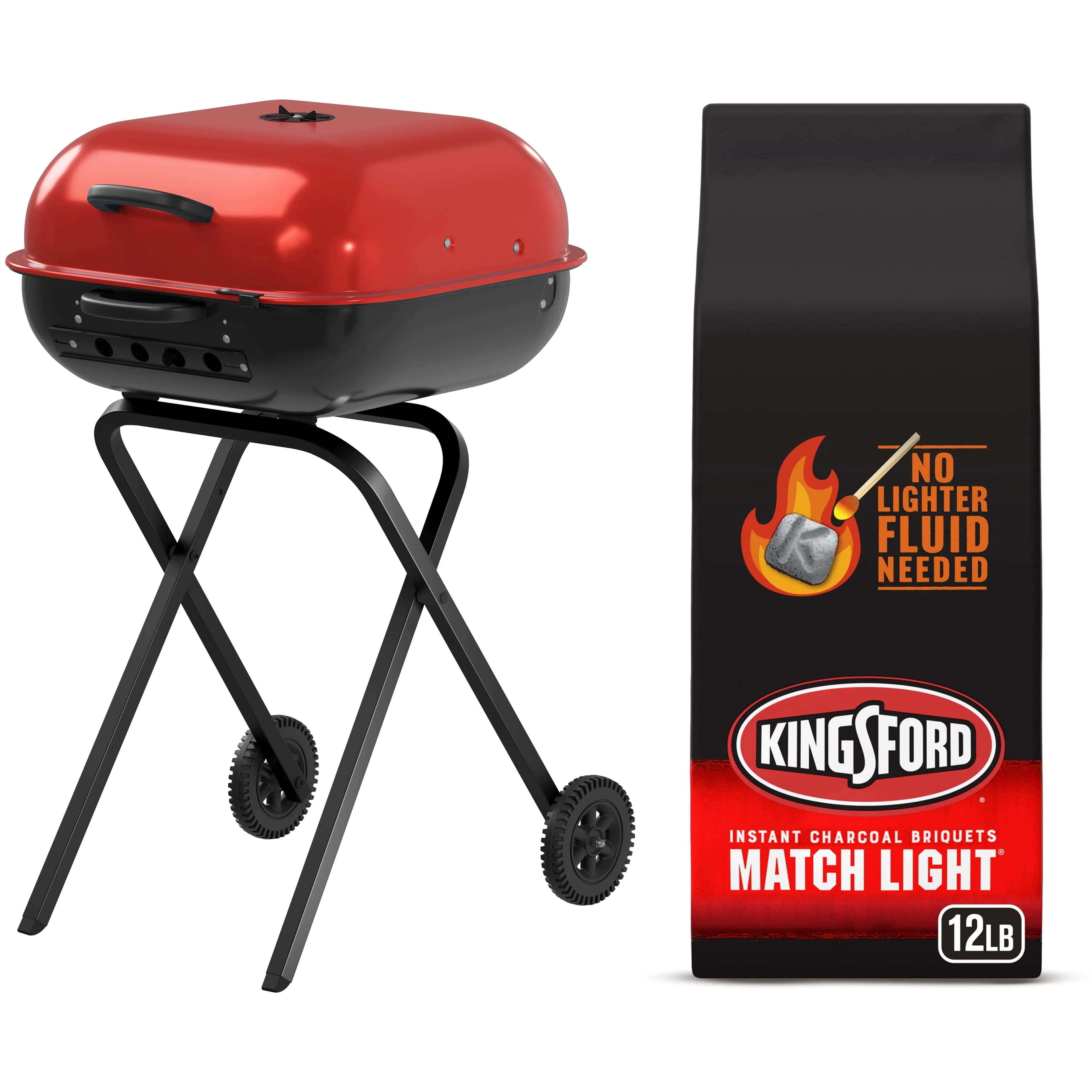 Americana Walk-A-Bout Portable Charcoal Grill with Wheels & Folding Legs, Red/Black, Bundle with Kingsford® 12 lb Instant Charcoal