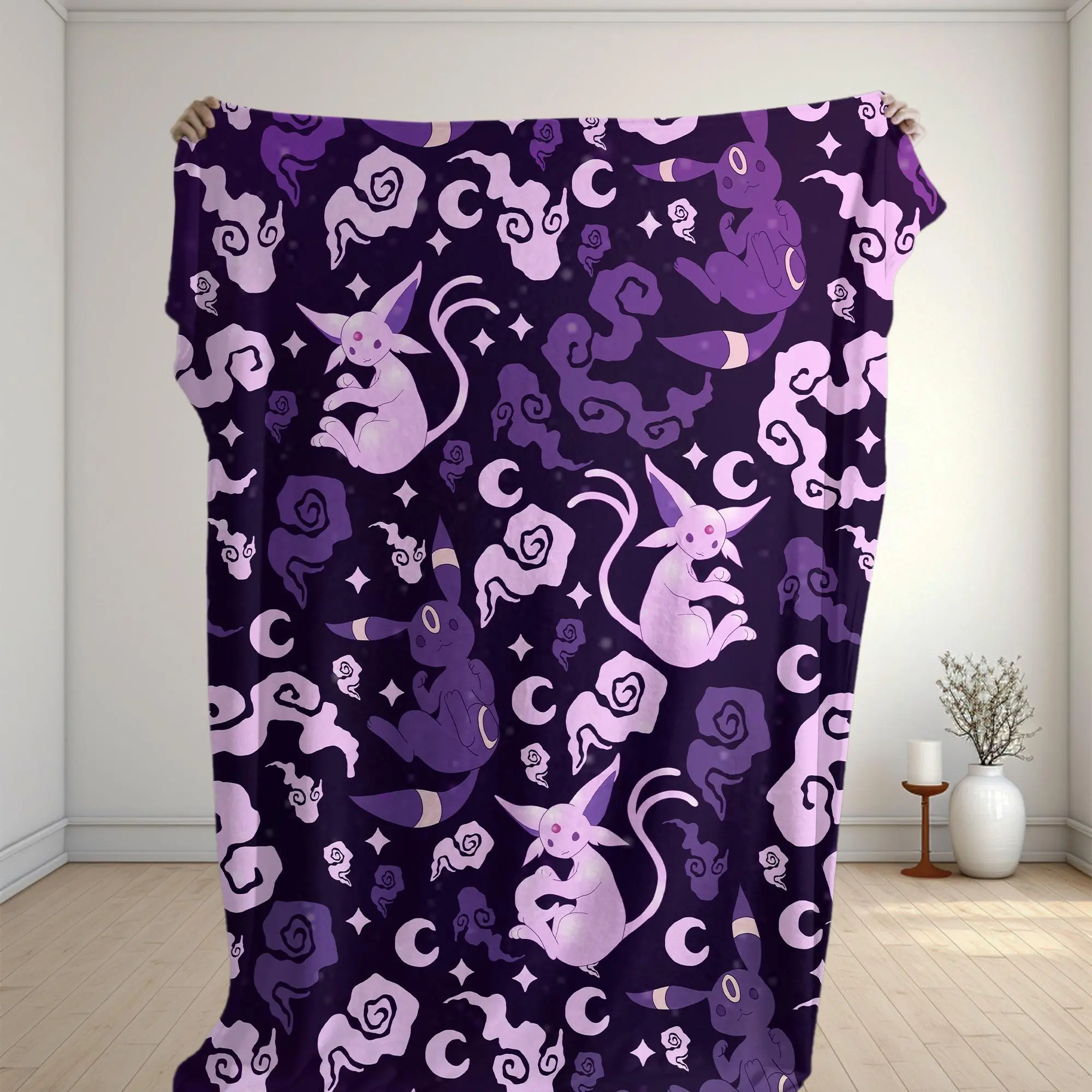 Umbreon Espeon Fleece Blanket Moonlight Galaxy Pattern Cozy Throw Blanket Psychic Cat Home Decor Family Baby Blanket Umbreon Blanket Gifts