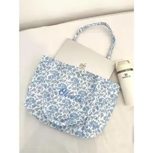 Personalized Embroidered Quilted Patchwork Tote Bag Large Blue Floral Bag Pretty Soft Durable Tote Bag Bridesmaid Bag for Her Weekend Bag