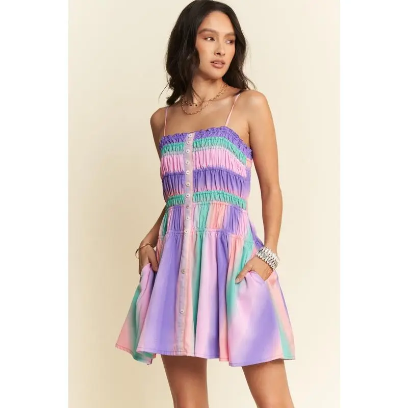 Davi & Dani Multi Color Ombre Printed Bodice Button Up Dress Casual Outfit