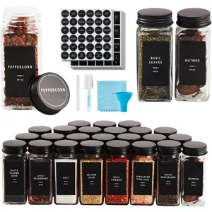 25 Pcs Spice Jars with Label Glass Spice Jars with Black Metal Caps,Shaker Lids,Chalk Pen,Brush,Cleaning 4oz Containers Bottles for Spice Rack,Cabinet Kitchen Seasoning Airtight  Set Silicone Utensils Square Tin Canister spice jar