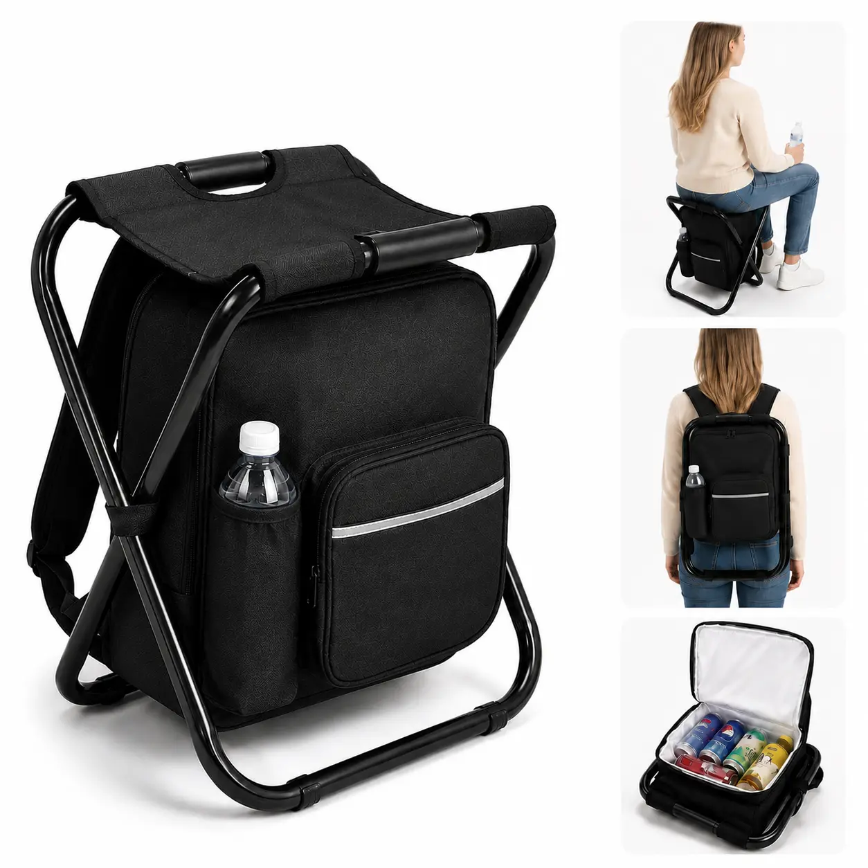 Wstrnix Oxford 3-in-1 Foldable Backpack Stool with Cooling Cooler Bag, 3.52lbs Lightweight Camping Furniture, Portable Picnic Seat for Camping, Fishing, Folding Camping Stool