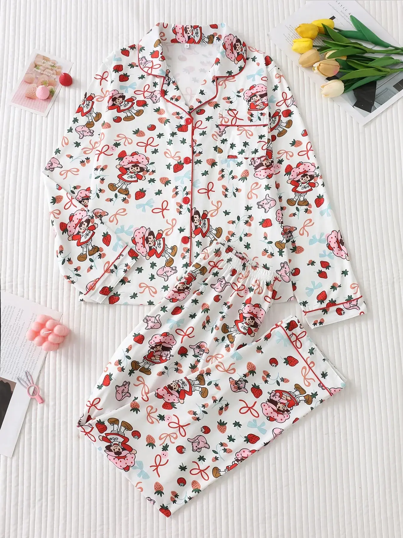 Two Piece Strawberry Bow Cartoon Girl Pajama Set Cartoon Print Sleepwear Soft Satin Fabric Comfortable Fabric, Premium Soft Fabric pajama set