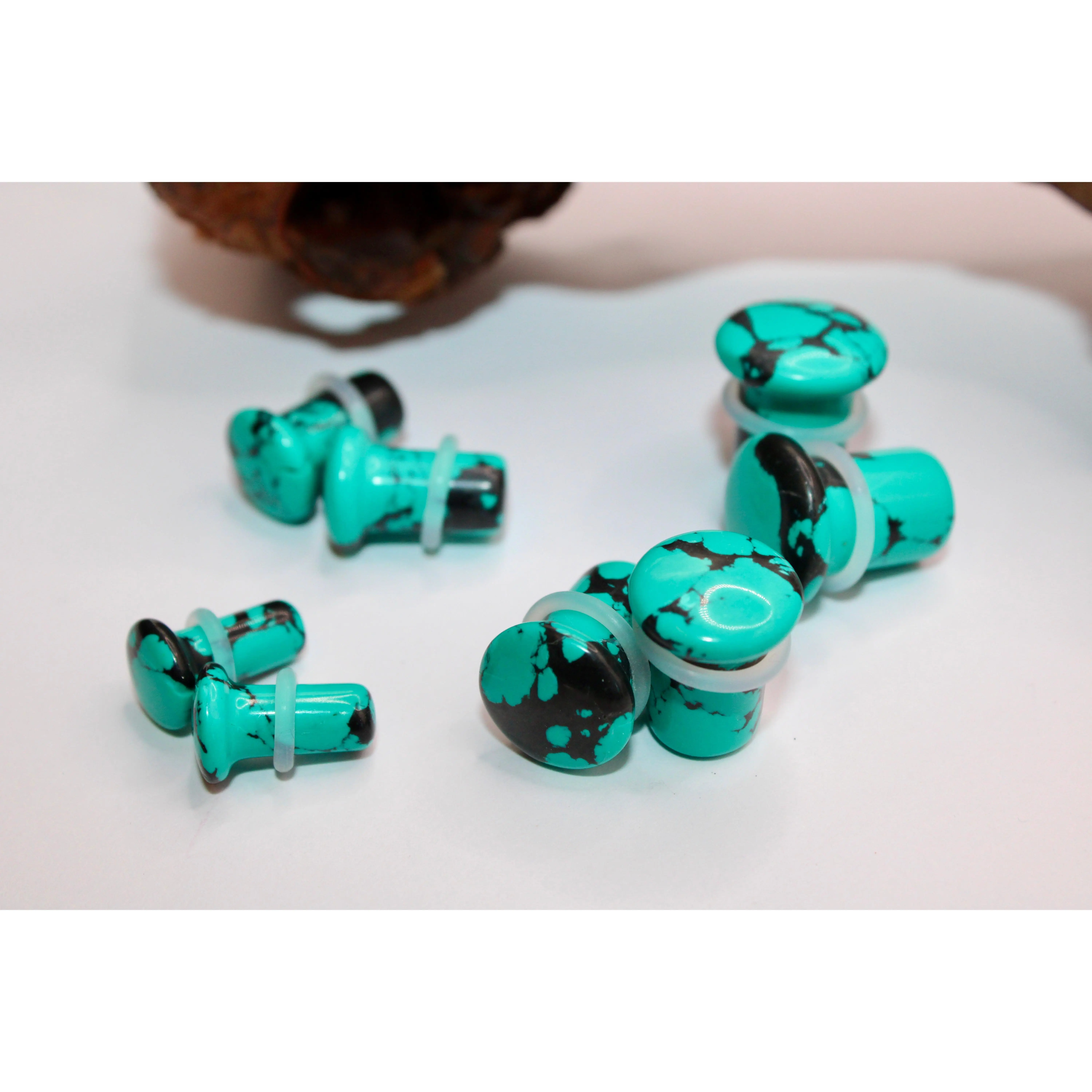 Genuine Vibrant Veining Turquoise Howlite Gemstone Earrings - Single Flare Gauge Pair, Metaphysical Natural Crystal Plugs for Stress Reduction, 3mm-16mm Sizes, USA-Compliant