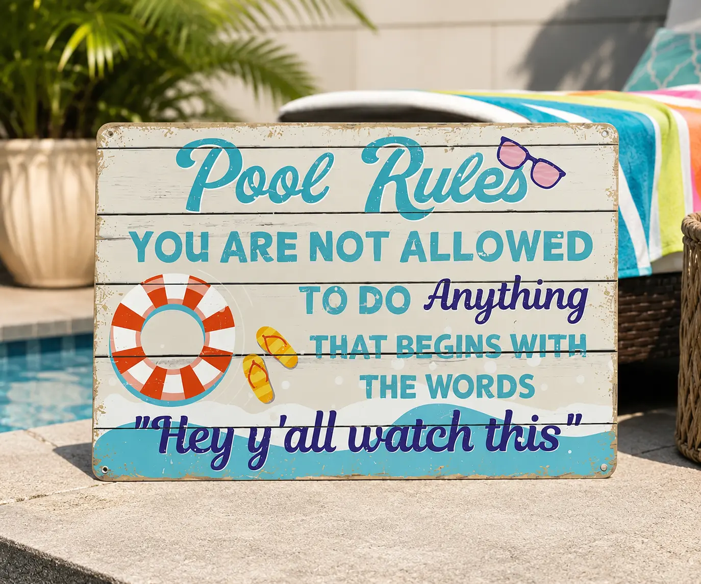 Funny Pool Rules Metal Sign | Pool Decor Outdoor | Pool Decorations for Backyard, Patio, Pool Deck & Beach House | Funny Pool Wall Decor | Waterproof Metal Tin Sign | 12x8 Inch