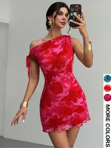 Women's Tropical Vacation One Shoulder Sleeveless Floral Dress, Block Print, Fitted Slimming Wave Hem Mini Skirt, Casual Wear, Casual Fashionable Dress