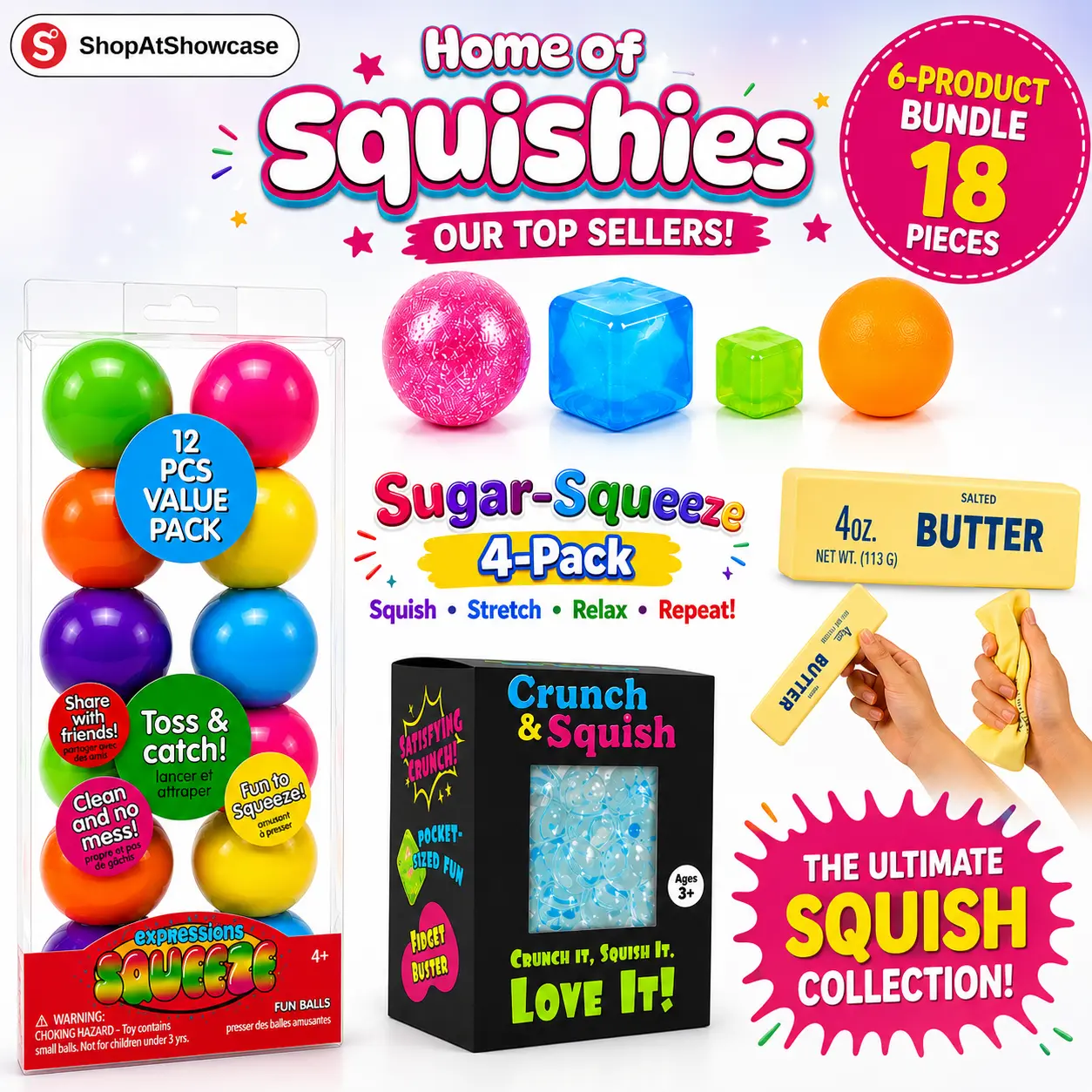 Home of the Squishies – Our Top Sellers! 18-Piece Ultimate Squish Collection | Sugar Squeeze, Crunch & Squish, Butter Foam & Rainbow Expressions | Slow-Rise, Maltose-Filled, Bead-Filled ASMR Sensory Fidget Bundle | Stress Relief, Anxiety Fidget, Squishy