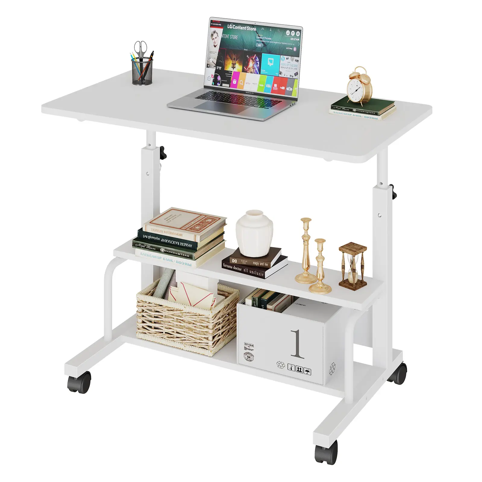 Adjustable Height Mobile Computer Desk with 3-Tier Storage, Rolling Multifunctional Writing Desk, Portable Bed Table Workstation for Bedroom Office Living Room Small Apartment Adjustable Height Mobile Computer Desk with 3-Tier Storage, Rolling Multifunctional Writing Desk, Portable Bed Table Workstation for Bedroom Office Living Room Small Apartment