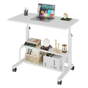 Adjustable Height Mobile Computer Desk with 3-Tier Storage, Rolling Multifunctional Writing Desk, Portable Bed Table Workstation for Bedroom Office Living Room Small Apartment