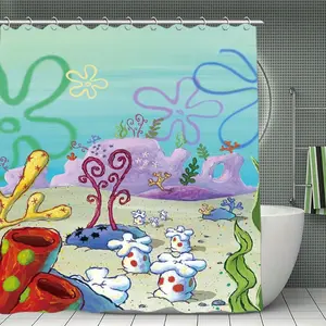 Bikini Bottom Underwater Scene Bathroom Shower Curtain - Pineapple House, Squidward's House, and Rock House Cartoon Waterproof Shower Curtain - Suitable for bathtubs, showers, windows, partitions, and other scenarios.
