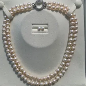 NC30-‘Moonlight Duet’ Double‑Layer Freshwater Pearl Necklace Set — Luminous Twin Rows, Signature Couture Clasp + Matching Stud Earrings. double layer pearl necklace, two strand pearl necklace, layered pearl necklace, freshwater pearl necklace set