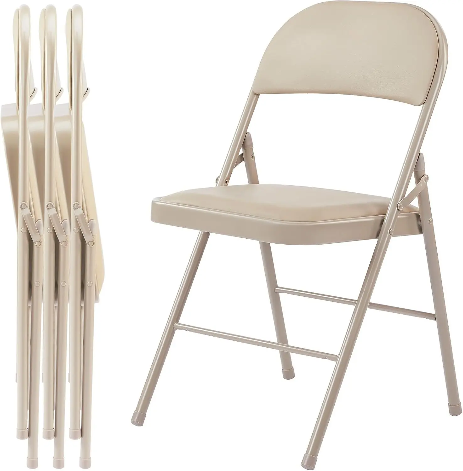 4-Pack Khaki Metal Stacking Chairs, Padded Seat & Backrest, Sturdy Steel Frame, Comfortable Portable Foldable Chairs for Home Office Indoor Use