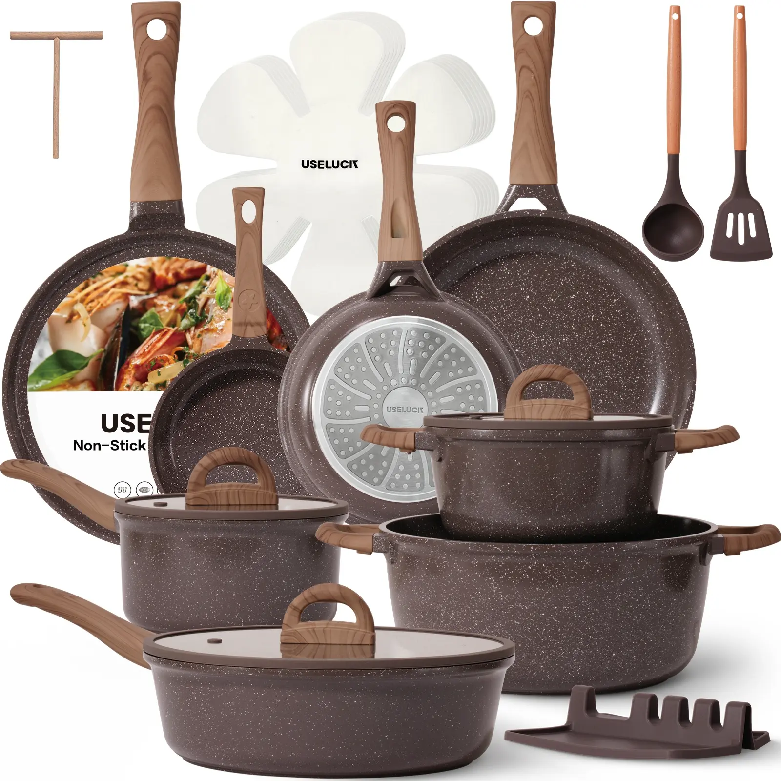 【Seasonal Limited】USELUCK Pots and Pans Set Non Stick Non-Toxic 22 Pcs Ceramic Cookware Sets Nonstick Kitchen Pot&Pan With Lid Cream White Granite Induction Compatible with Glass Lids Crepe Frying Pan PFOA/PFOS-Free, Cooking Pan Set