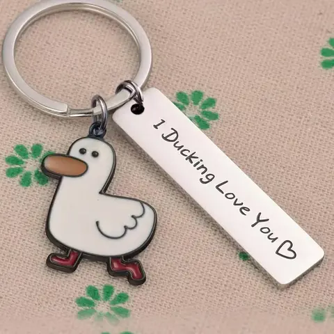 Cute Cartoon Duck Stainless Steel Keychain, Fashion Letter Engraving Slogan Metal Keychain, Backpack Messenger Bag Decoration, Cute Accessories, Couple Gifts, Creative Gifts, Keychain For Bags