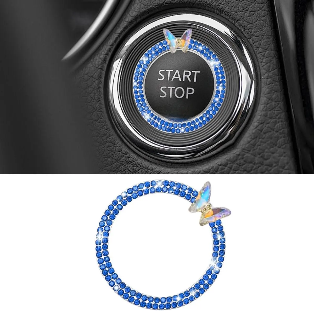 Butterfly Bling Ring Emblem,  Buttons and Knobs Ring, Push to Start Button Sticker, Key  Knob Ring Decorations  Interior Decoration Accessories for Women (Blue)