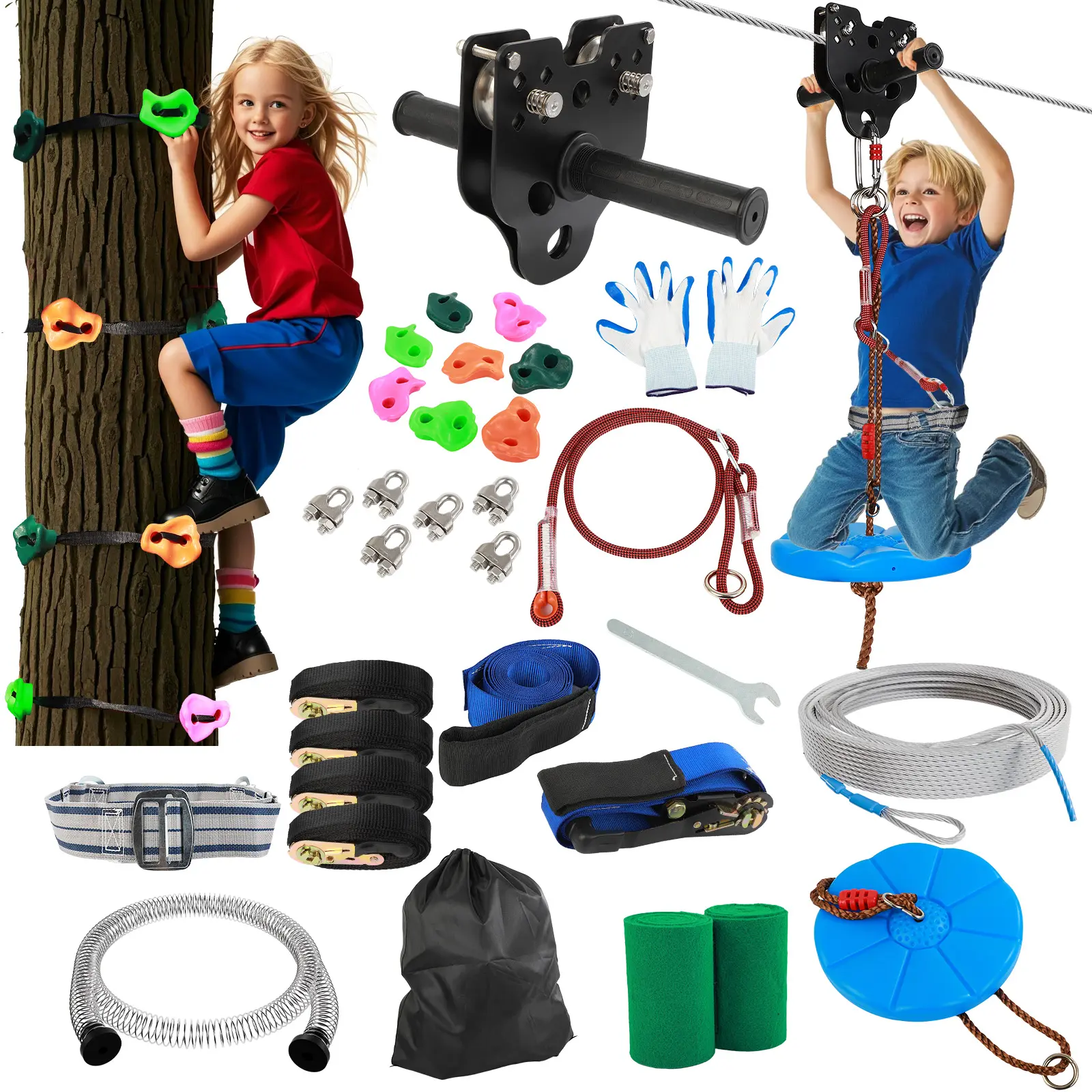 60-200FT Zipline for Kids and Adult, Zip line Kits for  with Stainless Steel Spring Brake, Cable Tensioning Kit, Safety Harness, 2 Tree Protectors and Full Set of Zip line Accessories backyard outdoor quick setup zipline,camping use