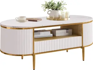 White 48in Modern Fluted Coffee Table Modern Oval Coffee Table with Drawer Curved Profile Center Table for Living Room White