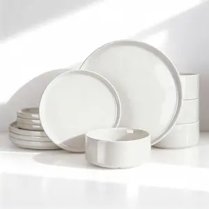 ONE of ONE Porcelain Dinnerware Set, 12-Piece Modern Plate and Bowl Set, Dish Set for 4, Microwave and Dishwasher Safe Tableware, White with Blue Trim