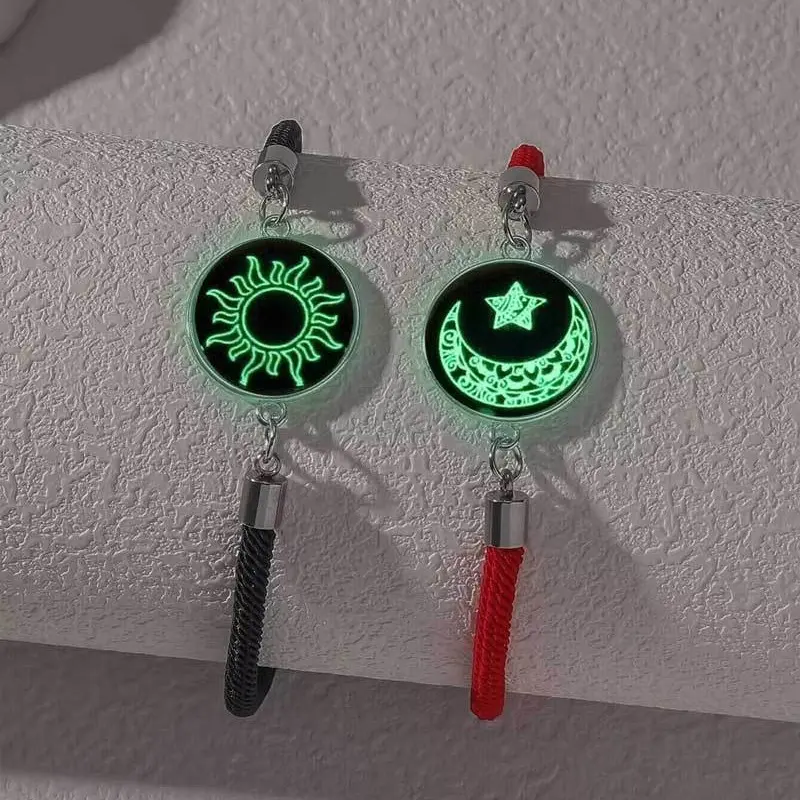 Couple's Glowing Matching Bracelets Set - 2pcs Unisex Pair with Sun, Moon, Stars Motif, Ideal for Valentine’s Day Boyfriend Girlfriend Gifts, Matching Sets, Casual Wear