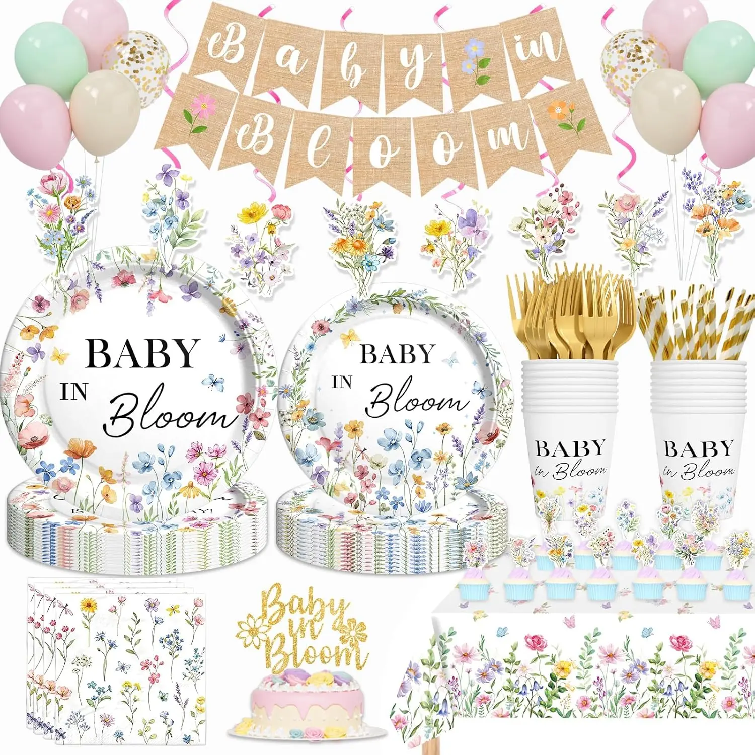 Hombae 194PC Disposable Baby Shower Decorations Kit - Great Value Wildflower Spring Party Supplies with Reusable Floral Banner, Latex Balloons, Plates, Napkins, Forks for Nursery Celebrations