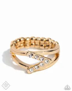 Linear Law - Gold Bands with Gold Arrow with White Rhinestones Stretchy Ring