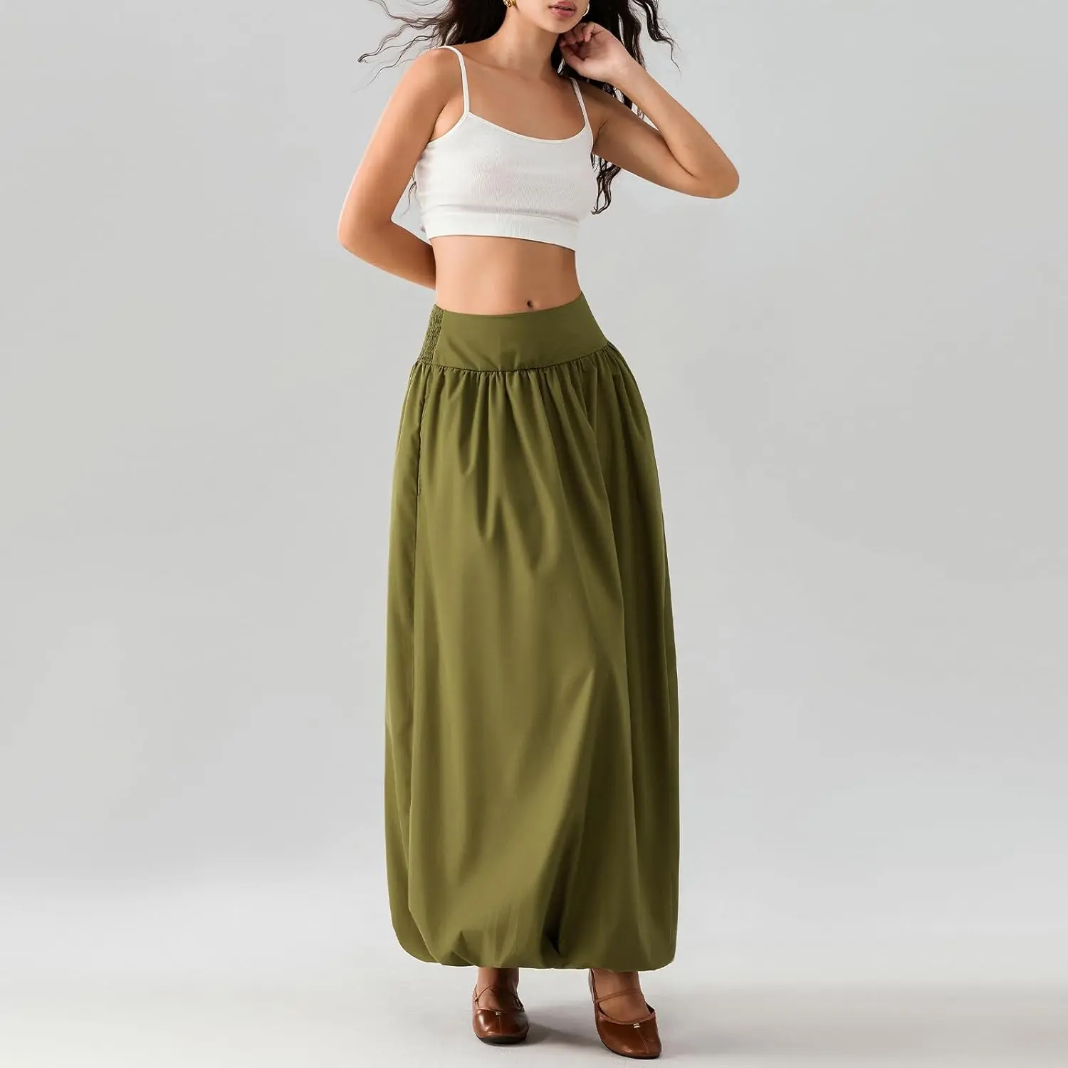 Women Y2k Bubble Maxi Skirt Low Elastic Waist A Line Long Skirt Summer Casual Ruffle Pleated Midi Dress