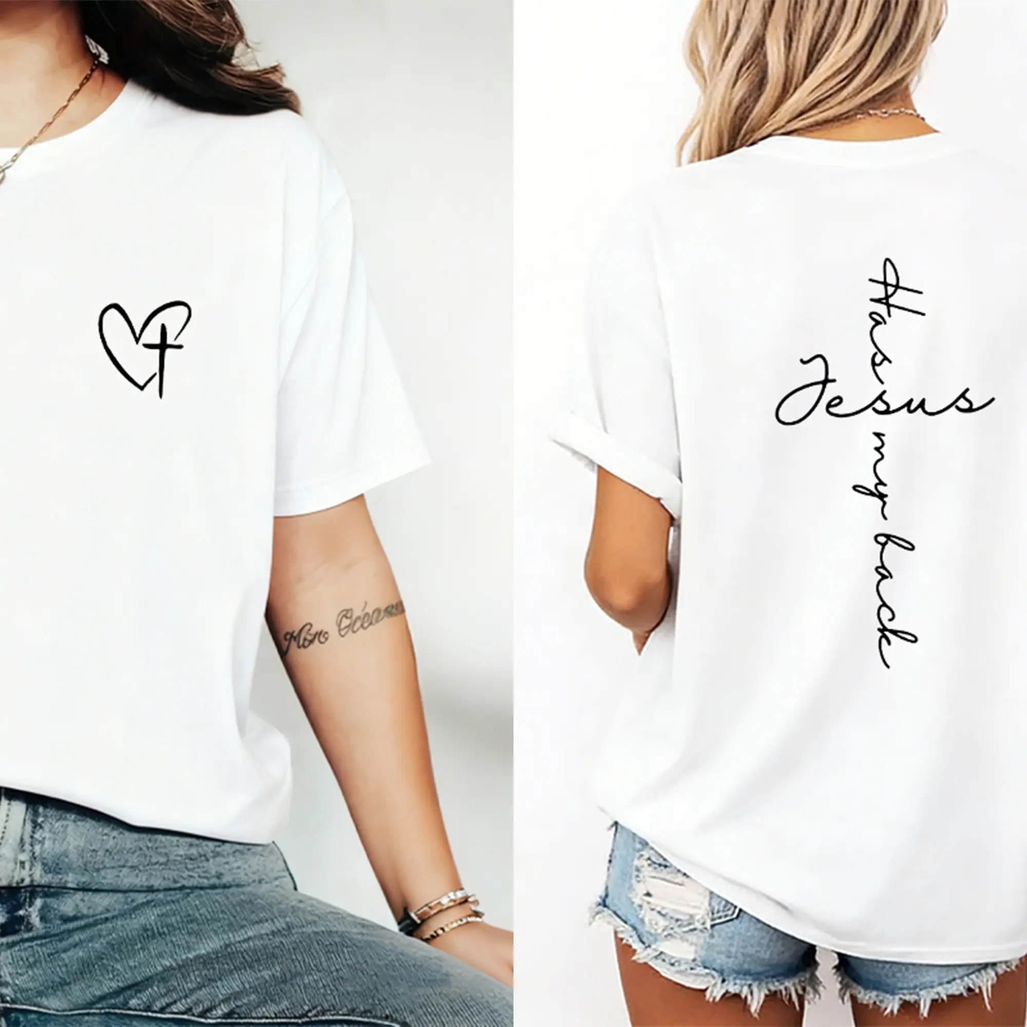 Baggy Oversized Loose "Jesus Has My Back" Printed Short-Sleeve Round Neck Sporty Chic Casual Streetwear Sports & Outdoor Top