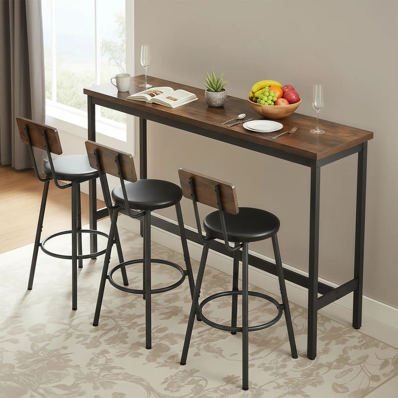 Bar Table and Chairs Set for 3, 4 Piece Industrial Dining Table Set with 3 PU Upholstered Bar Stools, Bar Table Set for Kitchen, Dining Room, Living Room, Bar, Cafe, Small Space Corner, Rustic Brown