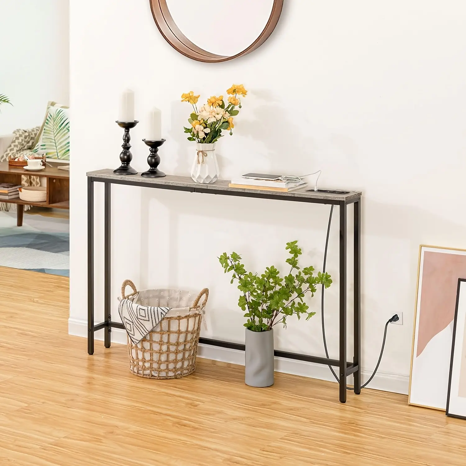 47.2-in Narrow Rectangular Console Table with Power Outlet & Charging Station, 5.9-in Sofa Back Piece, Accent Table for Foyer Hallway Living Room, Small Space Home Organizer Storage Rack, Accent Tables Living Room
