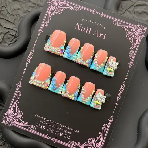 10-Piece Y2K Hawaiian Tropical Duckbill Fake Nails Art Set, Handmade French Tip Nails with Gold Stickers, Medium Length, DIY Manicure Kit, Decorative Nails, Nail Designs