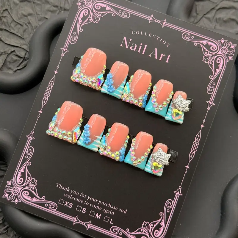 10-Piece Y2K Hawaiian Tropical Duckbill Fake Nails Art Set, Handmade French Tip Nails with Gold Stickers, Medium Length, DIY Manicure Kit, Decorative Nails, Nail Designs