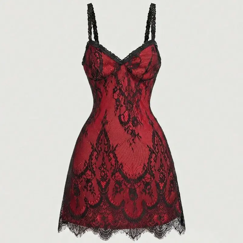 Women's Elegant Slim-Fit Dark Red Lace Spaghetti Strap Lined Cami Mini Dress - Soft, Comfortable Premium Fabric for Parties, Beach Events