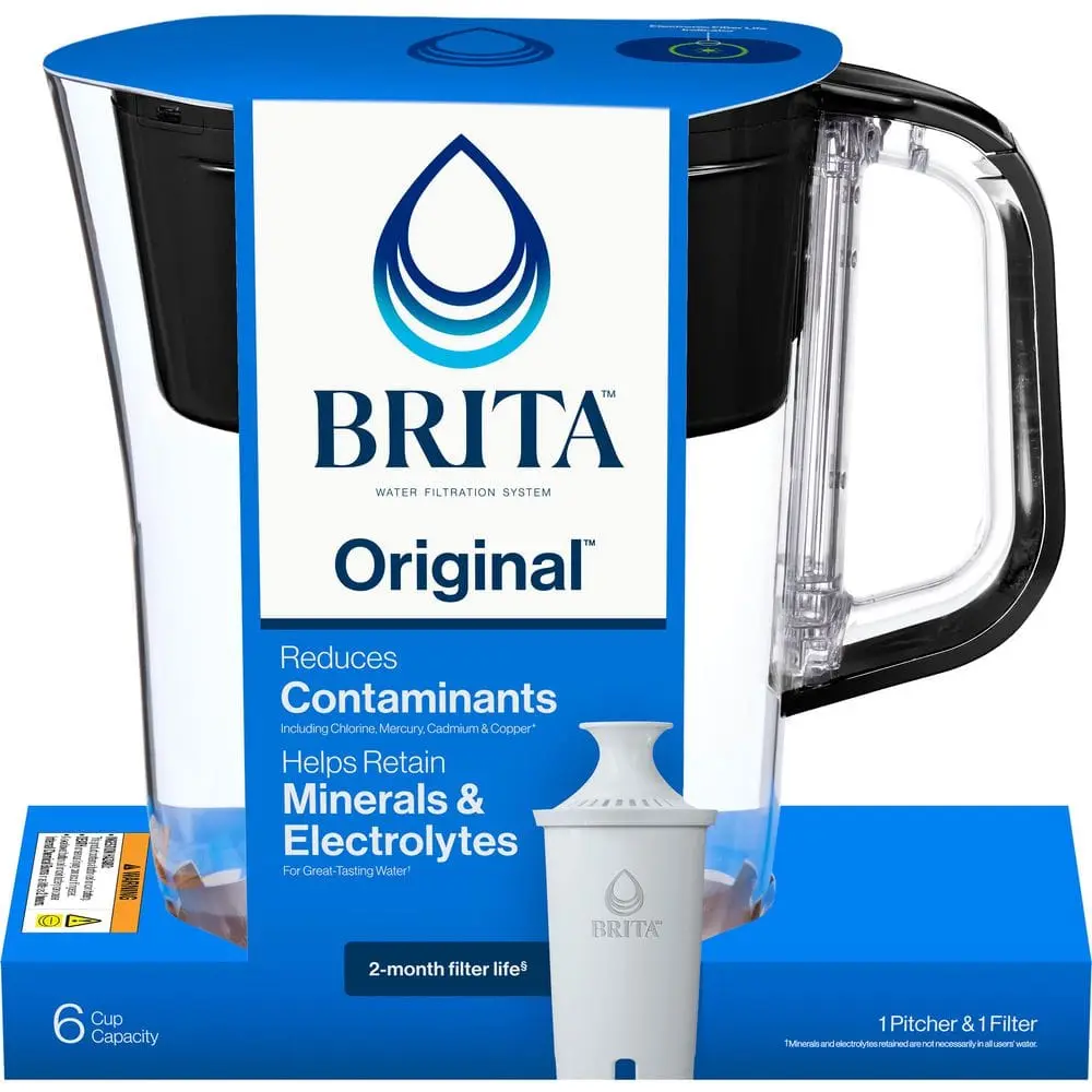 Denali 6 -Cup Small Water Filter Pitcher in Black with 1-Standard Filter, BPA Free