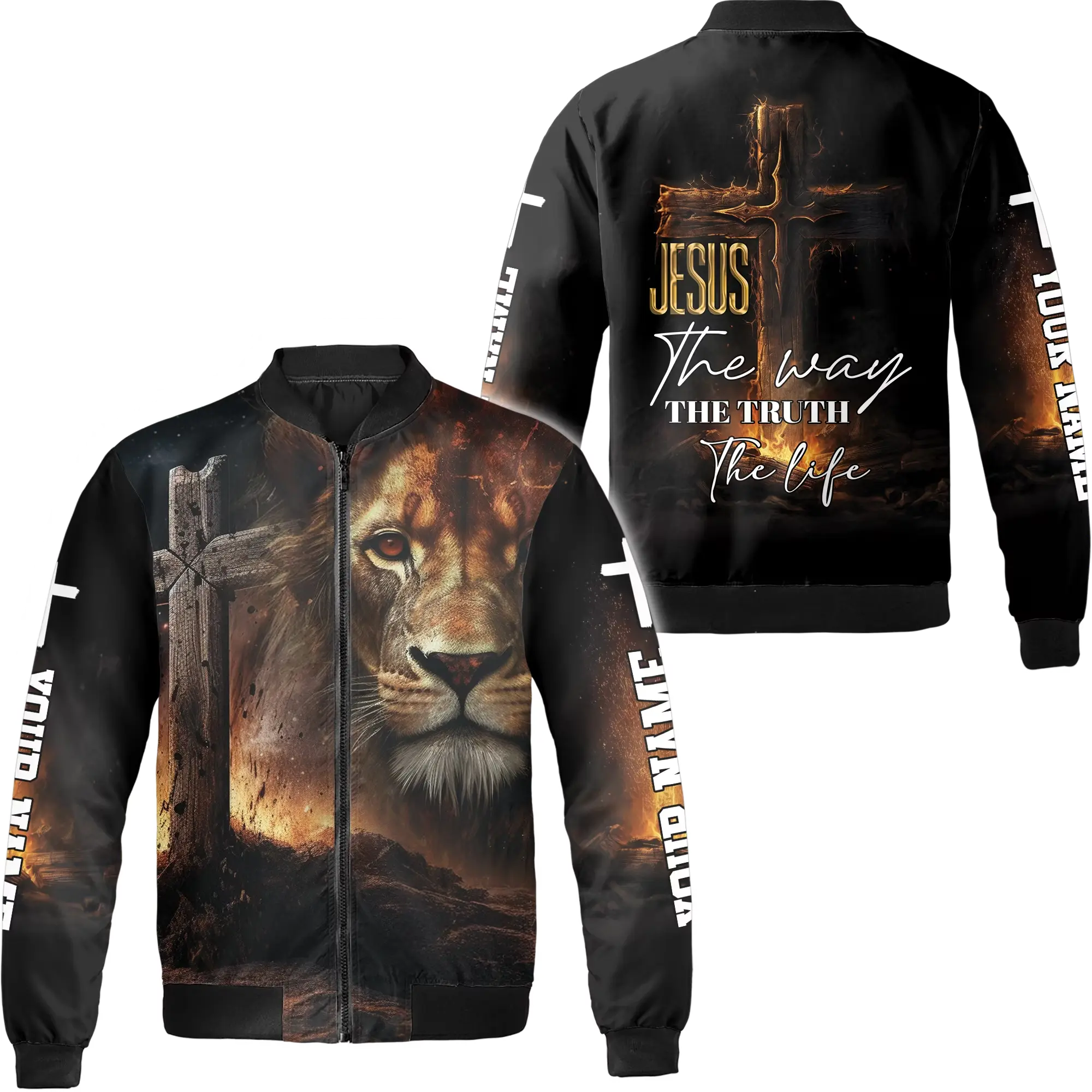 Personalized Lion and Jesus Bomber Jacket S–5XL Multicolor – Powerful Faith & Strength Outerwear, Lion and Jesus Bomber Jacket, Christian Lion and Jesus Jacket, Custom Name Lion and Jesus Jacket, Faith Bomber Jacket, Jesus Lion Jacket