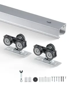 Pocket Door Track Kit 6 Ft Heavy Duty Pocket Door Hardware Track Set With Three Wheels For Smooth Sliding And Easy Installation, Includes Steel Rail, Carriage Rollers, End Caps, Floor Guide, And Mounting Hardware
