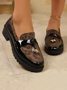 Leopard Print Patchwork Loafers for Women, Vintage Soft Leather, Breathable Anti-Slip, Daily Commute, College Style Shoes, Walking Shoes