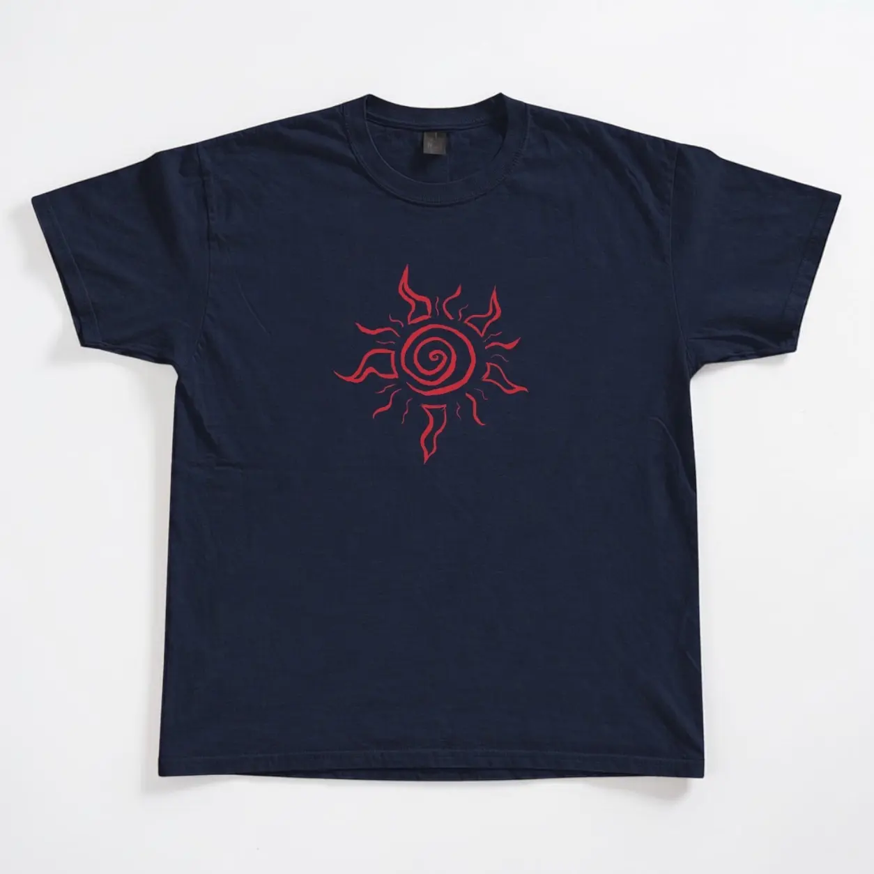 Y2K Navy Red Tribal Sun Graphic Tee, Vintage Style 2000s Surf Skate T-Shirt, Retro Beach Streetwear, Coastal Skater Outfit, Tribal Spiral Sun Top, Early 2000s Inspired Unisex Tee, Late Summer Back To School Fit, Casual Streetwear