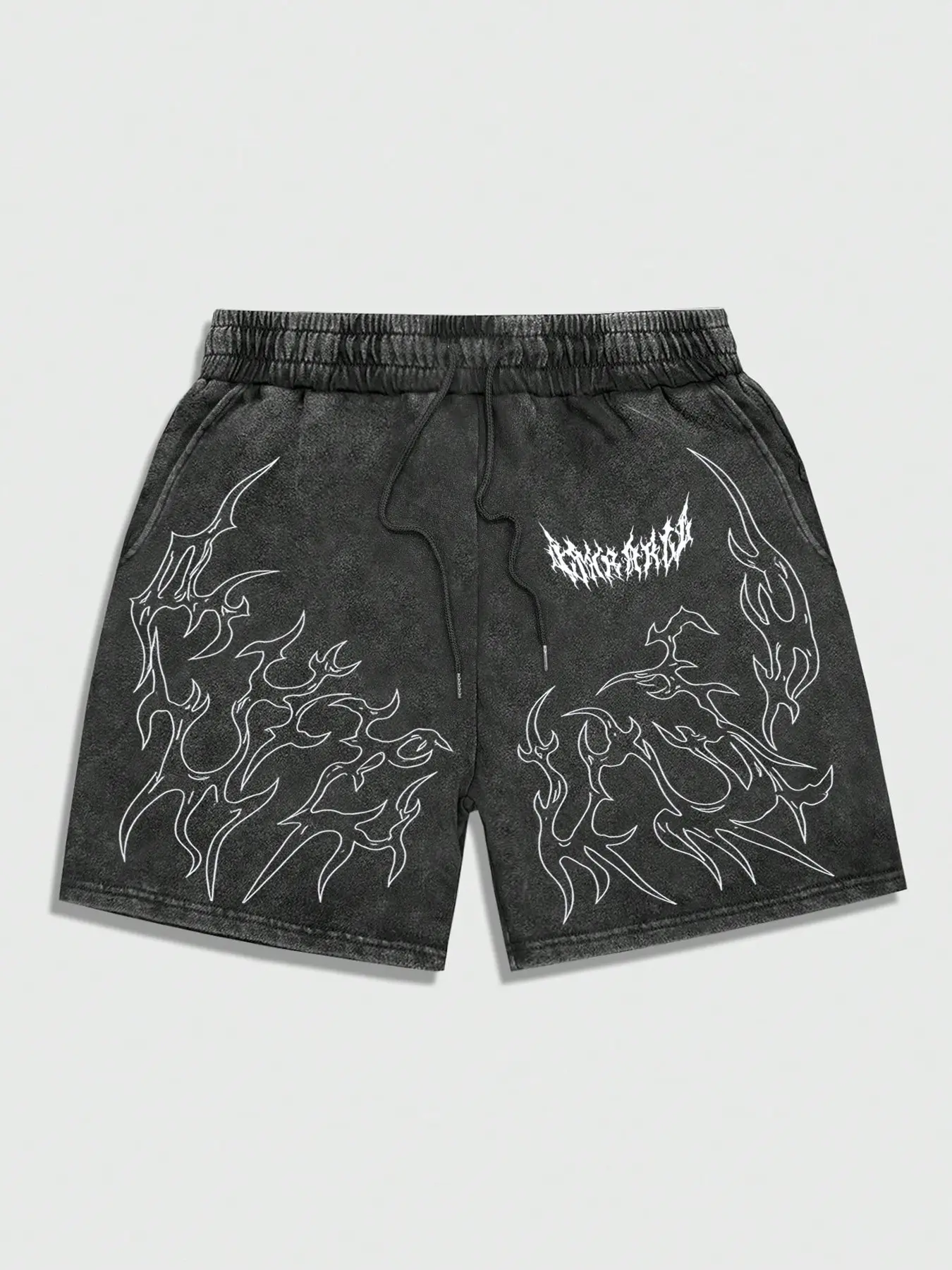 Men's Casual Athletic Shorts, Distressed Wash Base with Thorn Totem Graphic Print, Adjustable Drawstring Waist, Streetwear Style