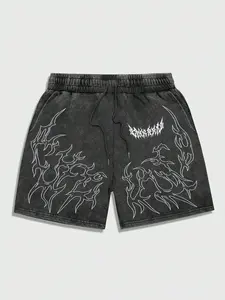 Men's Casual Athletic Shorts, Distressed Wash Base with Thorn Totem Graphic Print, Adjustable Drawstring Waist, Streetwear Style