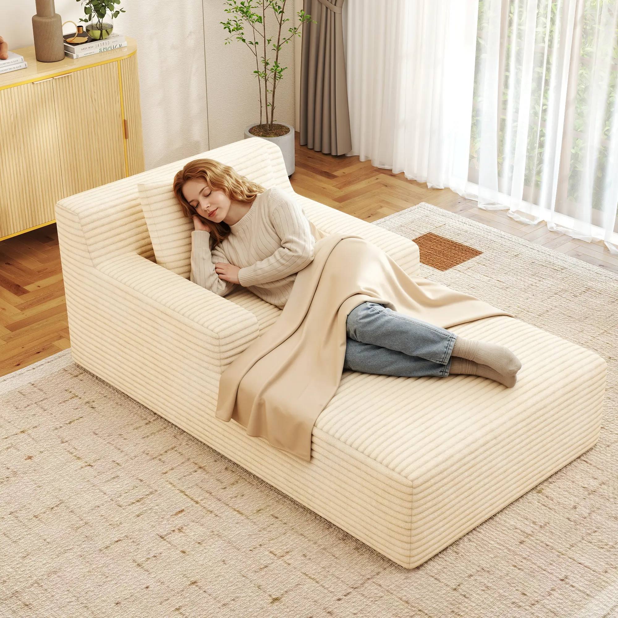 Modern Upholstered Cloud Couch - Boneless Cord Floor Sofa with Chaise Longue, 1 Cushion, Sleep Function, No Assembly Required for Living Room, Modern Upholstered Sofa
