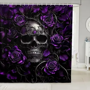 Sugar Skull Shower Curtain,Purple Rose Floral Bathroom Shower Curtain Sets for Teens Adults,Gothic Skeleton Fabric Shower Curtain