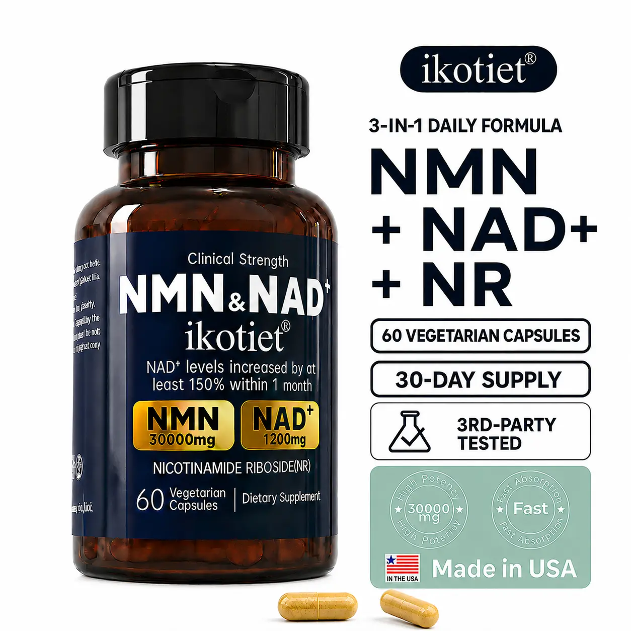 ikotiet NMN 3000 + NAD+ 1200mg & NR Supplement - Daily nutritional supplement to enhance cell vitality; promote healthy aging and vitality, metabolism and collagen production, 60 capsules (30-day supply), vitamin supplement, dietary supplement.