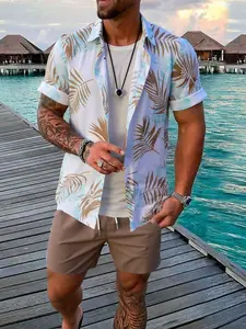 New Men's Tropical Palm Leaf Print Short Sleeve Shirt Hawaiian Beach Vacation Casual Top, Matching Solid Color Drawstring Shorts, Essential for Men's Daily Casual Wear and Vacationravel, Men's Set.