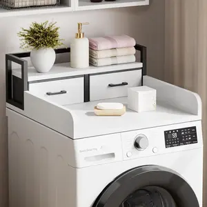 54" Washer Dryer Countertop with 2-Tier Shelf & 2 Drawers， Wooden Laundry Countertop with Non-Slip Pad and Guard Rails Washer and Dryer Topper for Laundry Room Organization and Storage