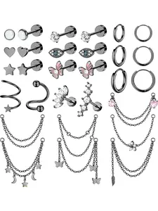 Mysterious 29 Pcs Black Trendy Ear Hoops Studs Chains 20G Cartilage Surgical Steel Copper Earrings Set for Women Men Small Huggie Hoop Earrings Flat Back Earrings Butterfly Moon Stars Chain Earrings Cartilage Helix Piercing Jewelry Set Body Jewellery