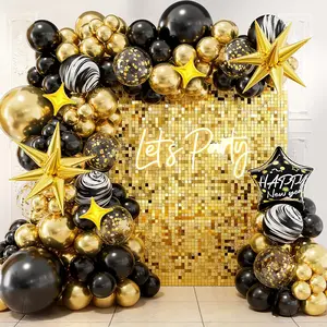 Black & Gold Balloon Garland Kit with Agate Confetti and Star Foil Balloons for New Year Party Decor