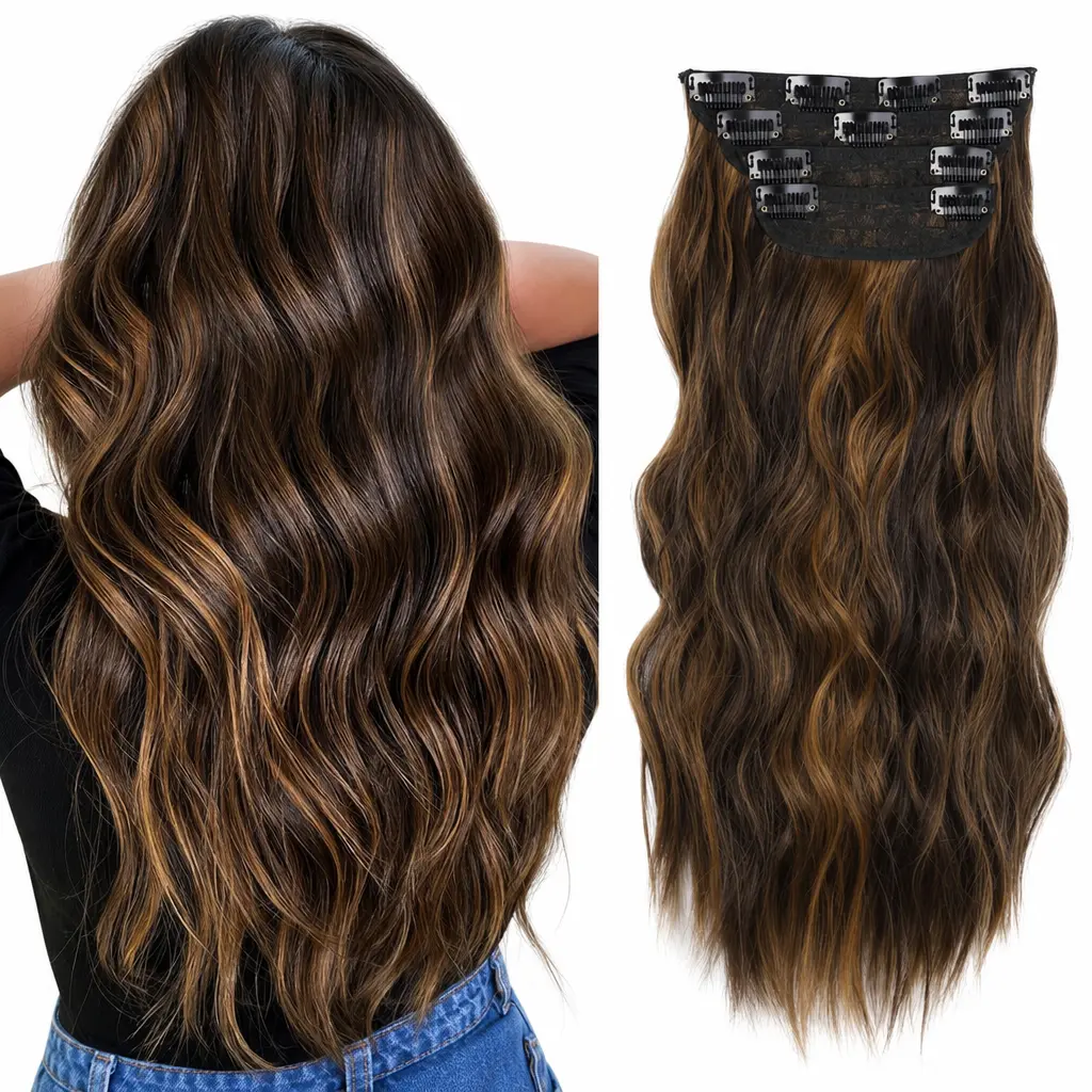 Women's 4-Piece Synthetic Clip-in Hair Extensions Set, High-Temperature Fiber Wavy Curly Clip-on Pieces for Thick Volume