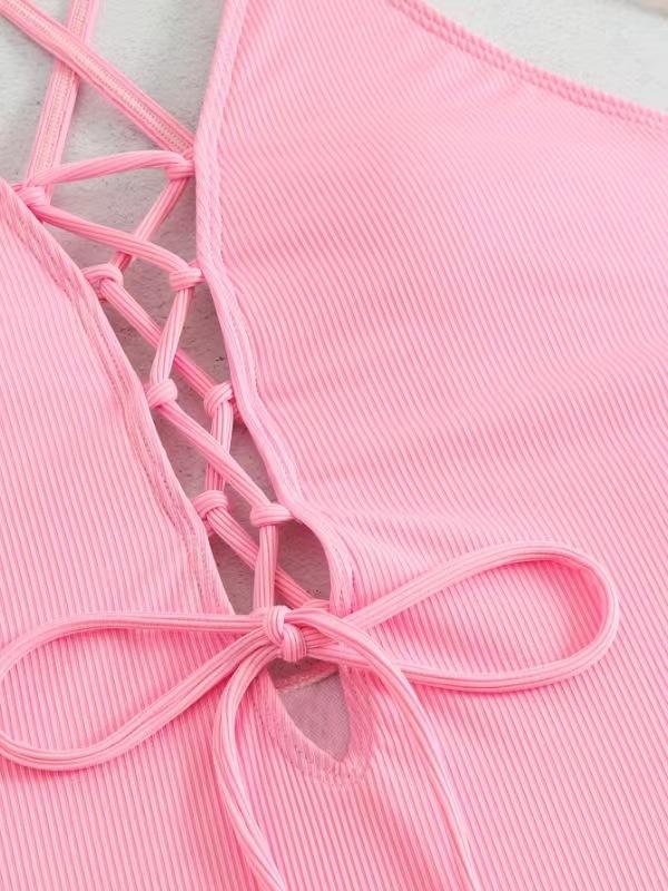 Women's European-American Backless Cut Concave Stripe 1-Piece Swimsuit, Female Outdoor Swimwear with Standard Sizes for Beach Sports, Polyester